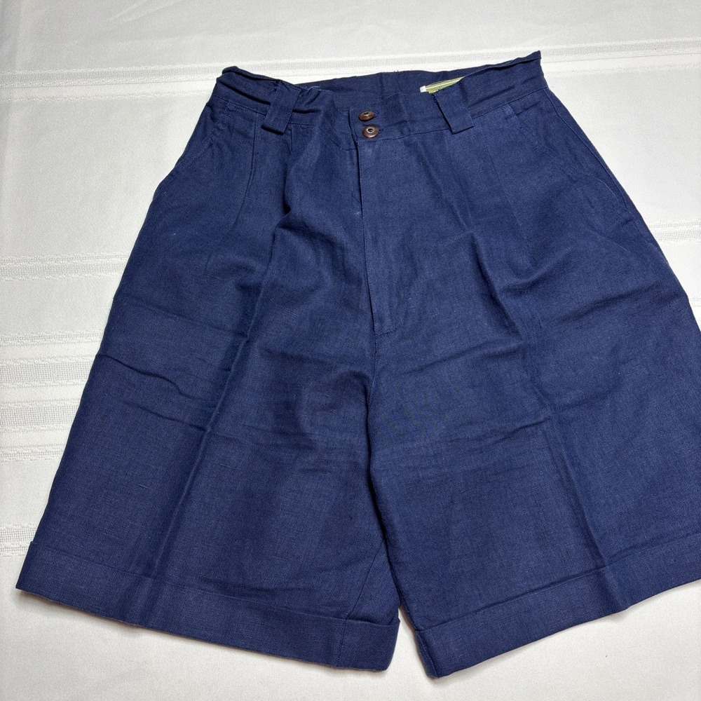 Vtg 90  Linen High Rise Walking Shorts Women Size 10 Preppy Navy Blue